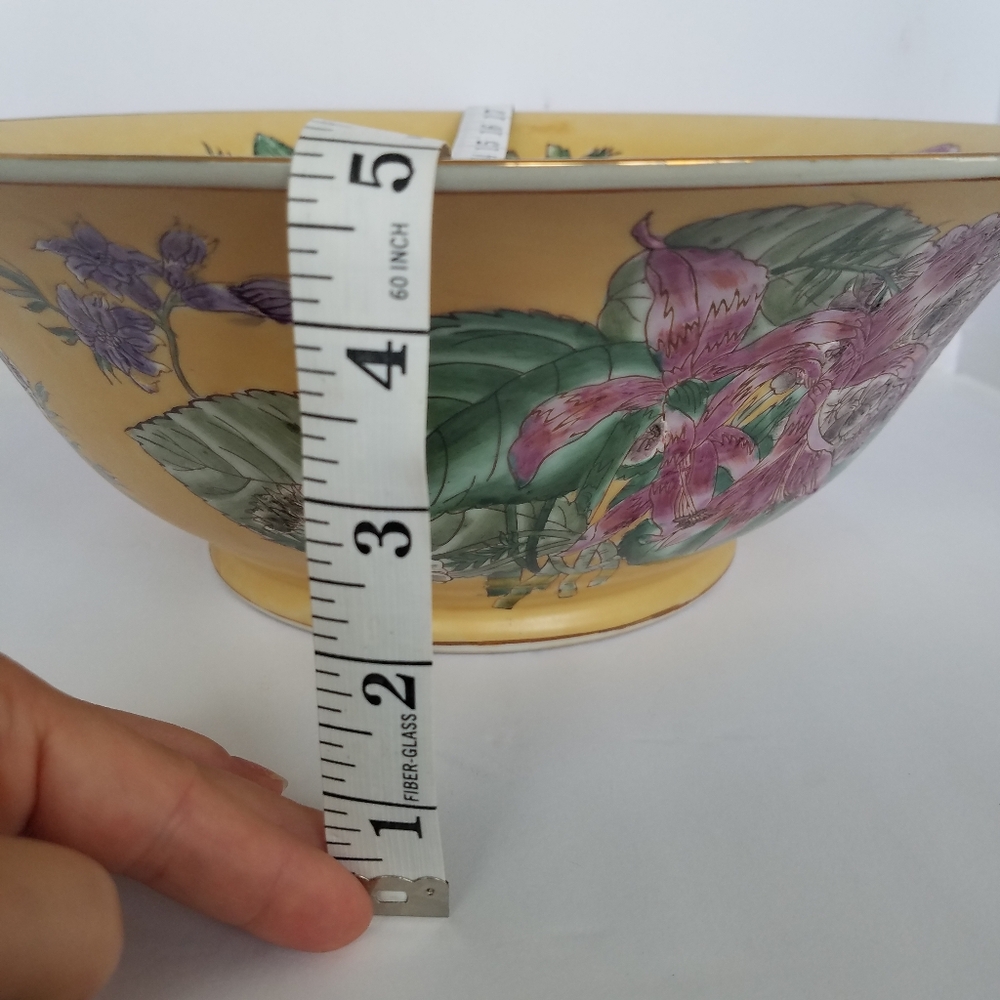 Vtg Oriental Accent Large Porcelain Bowl 13” Decorative Floral Yellow - Picture 9 of 12
